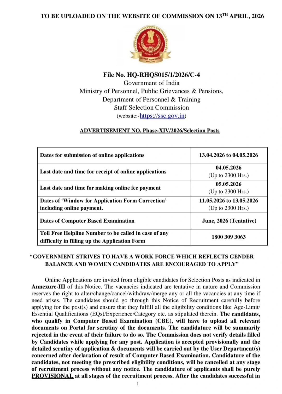 SSC Selection Post Phase 14 Recruitment 2026: 3003 Vacancies Open, Full Details Here